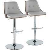 Gianna Adjustable Swivel Bar Stool in Chrome, Walnut Wood & Light Grey Leatherette (Set of 2)
